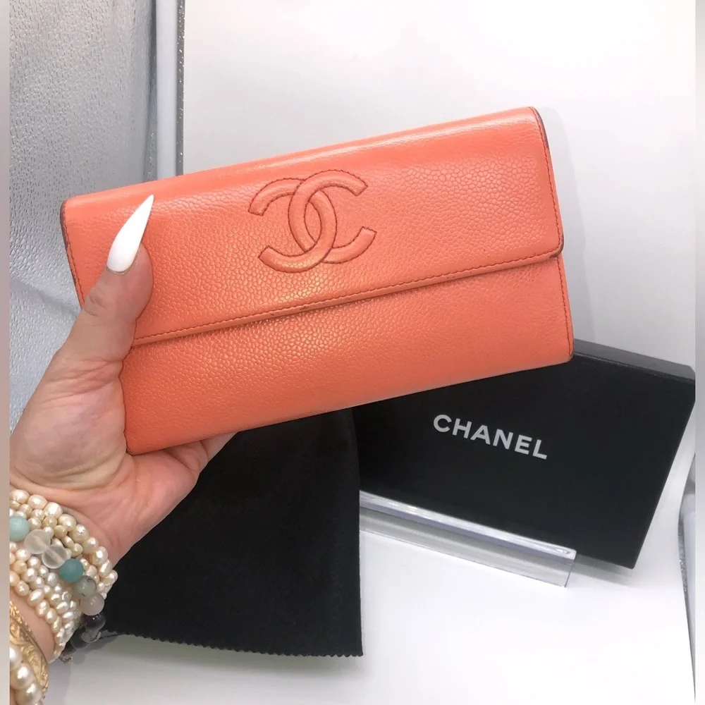 🩷CHANEL Wallet Timeless CC Embroidered Top Flap Snap Long Salmon Pink Coral COA
